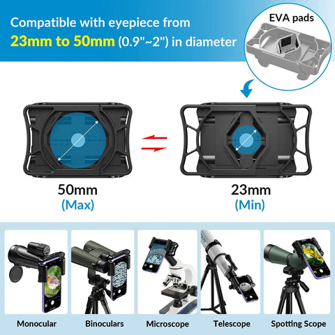 Universal Telescope Phone Adapter With Bluetooth Shutter Remote showing compatibility with 23mm to 50mm eyepiece sizes.