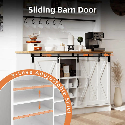 Premium White Farmhouse Coffee Bar Cart With Sliding Barn Doors Open Storage Hutch integrated wine rack, solid wood, stylish adjustable shelf.