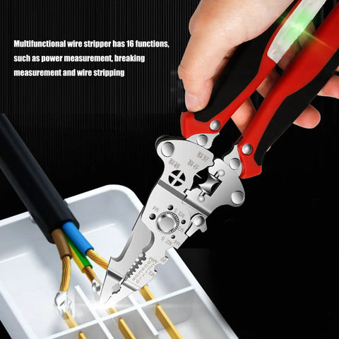 Heavy Duty Foldable Wire Strippers 16 In 1 Electrician Pliers multifunction tool in hand showing wire stripper features.
