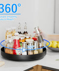 Ovicar 13-inch black metal Lazy Susan turntable with multiple spice jars on a kitchen counter.
