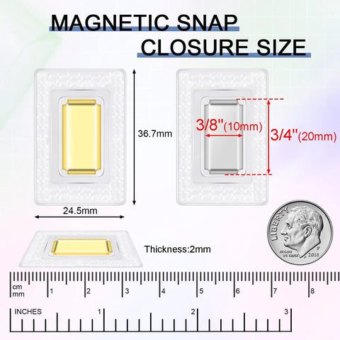 Dead Simple Hidden Magnetic Snaps For Clothing And Purses Measuring One Point Five By One Inch Transparent PVC Edges shown with size dimensions.