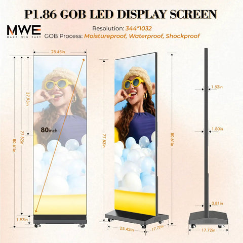 No Sweat Setup 80 Inch P1.86 Led Digital Signage Display With Smart Publishing Suite And Rugged Flight Case Foldable Ad Kiosk Video Wall, dimensions labeled.