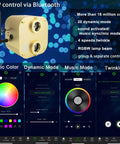 Next-Level Bluetooth 20W Dual-Port Fiber Optic Star Ceiling Kit interface showing app controls for colors, modes, and music sync.