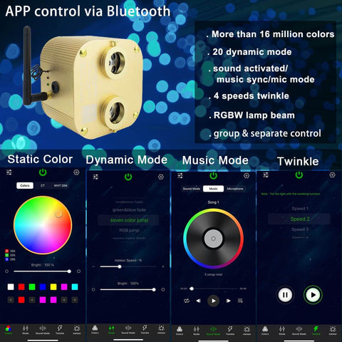 Next-Level Bluetooth 20W Dual-Port Fiber Optic Star Ceiling Kit interface showing app controls for colors, modes, and music sync.