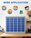 40 Drawer Steel Parts Cabinet With ABS Bin Organizers For Garage And Workshop shown with various applications