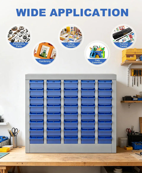 40 Drawer Steel Parts Cabinet With ABS Bin Organizers For Garage And Workshop shown with various applications