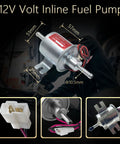 Universal 12V Inline Fuel Pump Low Pressure 5 To 9 PSI For Gas And Diesel Engines with dimensions labeled and wiring connector.