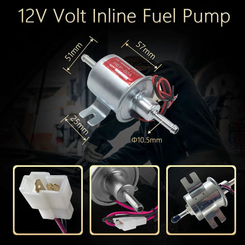 Universal 12V Inline Fuel Pump Low Pressure 5 To 9 PSI For Gas And Diesel Engines with dimensions labeled and wiring connector.