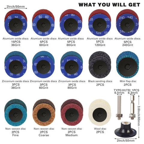 Workhorse 60 Piece 2 Inch Quick Change Sanding Discs Set With One Quarter Inch Holder For Die Grinder Includes Aluminum Oxide Grits From 36 To 240 Zirconium And Nonwoven Pads Mini Flap Discs And Rust Paint Removal Kit For Surface Prep displayed in grid