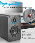 Powered Bookshelf Speakers With Wireless 100W RMS Bluetooth And EARC featuring red standby light indicator.
