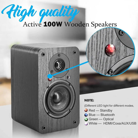 Powered Bookshelf Speakers With Wireless 100W RMS Bluetooth And EARC featuring red standby light indicator.