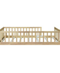 Rock Solid Full Size Montessori Floor Bed With Safety Rails, Natural Solid Wood Kids Sleep Platform, side view with guardrails.