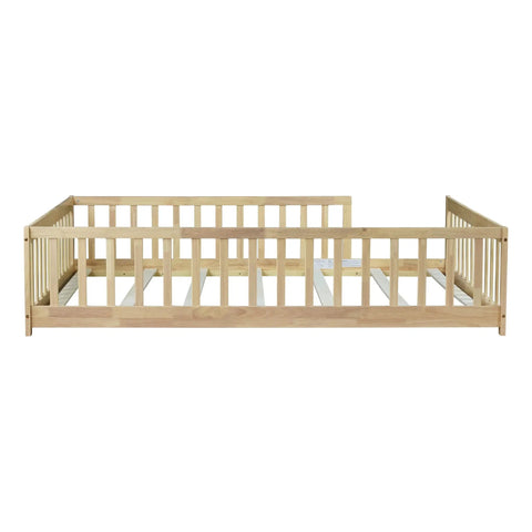 Rock Solid Full Size Montessori Floor Bed With Safety Rails, Natural Solid Wood Kids Sleep Platform, side view with guardrails.