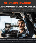Mechanic inspecting vehicle undercarriage with flashlight in auto-parts manufacturer promotional image
