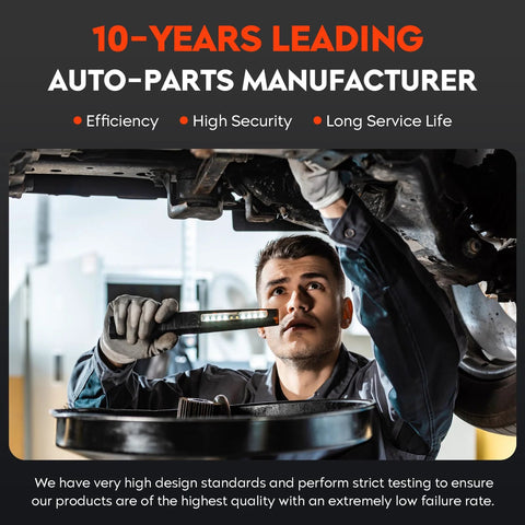 Mechanic inspecting vehicle undercarriage with flashlight in auto-parts manufacturer promotional image