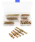 Top Shelf Threaded Insert Nut And Bolt Assortment Kit Zinc Plated Carbon Steel Furniture Barrel Bolts Crib Screws Wood Repair Hardware 5/16-18 Size displayed in storage case.