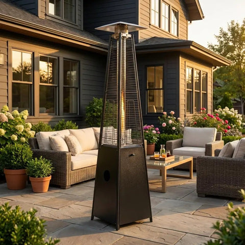 Propane Patio Heater With Reflector Shield And Wheels 40000 BTU Quartz Glass Tube Outdoor Heater in backyard setting