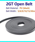 Heavy Duty GT2 Polyurethane Timing Belt With Reinforced Steel Wire For 3D Printers And CNC Setups shown in black PU material, 5-30mm width.
