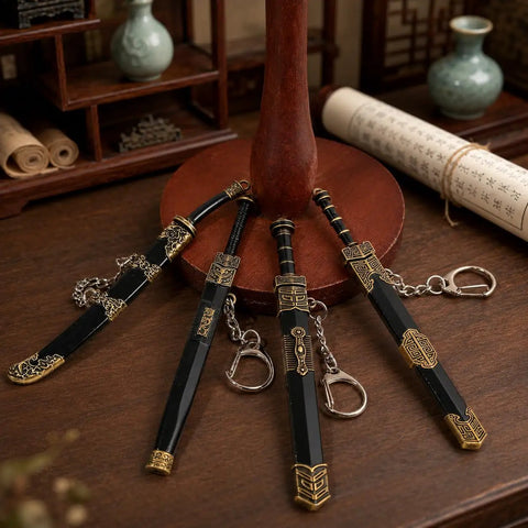 Ancient Sword Letter Opener Set With Sheaths 4 Piece Mini Sword Keychain displayed on a desk with ornamental design.