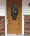 Wooden front door with oval glass panel, featuring Electronic Door Knob With Front Keypad, Spring Latch Lock, DIY Install.