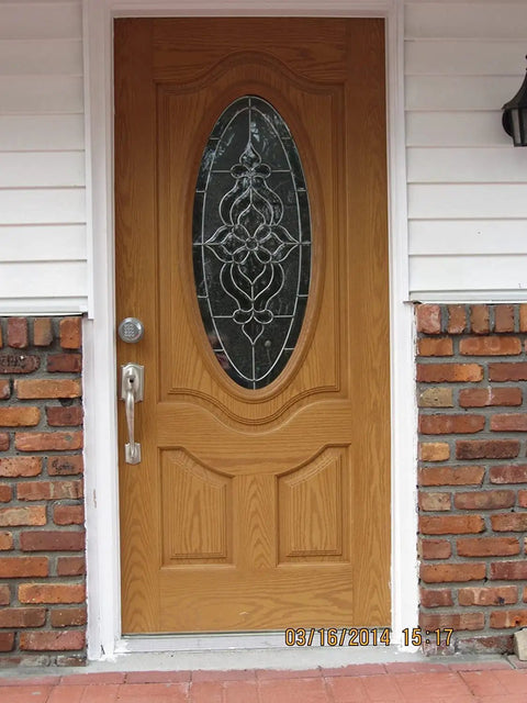 Wooden front door with oval glass panel, featuring Electronic Door Knob With Front Keypad, Spring Latch Lock, DIY Install.
