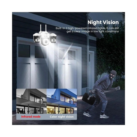 Heavy Duty Wireless Ptz Outdoor Security Camera Featuring No Sweat Setup With 15Mp Triple Lens Ai Human Tracking And Ip66 Weatherproof Shell For Zero Drama Remote Smartphone Viewing showing night vision capabilities.