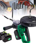 Straight Up Hassle Free Cordless Electric Wire Puller With Infinite Speed Control And Built In Led Lamp For No Sweat Cable Runs Through Pipes Or Communication Lines Includes Two Rechargeable Batteries And 360 Degree Flex Capability, image showing cordless wire puller and accessories.