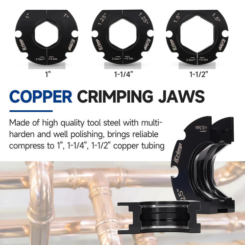 Heavy Duty Copper Pipe Press Tool For 1 Inch 1 25 And 1 5 Fittings showing crimping jaws for 1", 1-1/4", 1-1/2" copper tubing.