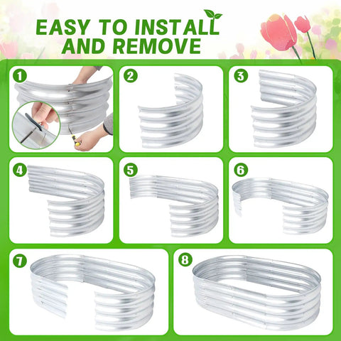 Outdoor Raised Garden Bed Kit, Galvanized Oval Metal Planter Box 120cm L X 60cm W X 30.5cm H assembly steps illustration