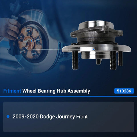 Front Wheel Bearing And Hub Assembly 513286 Fits Dodge Journey 2009 2020 with ABS, displayed next to installed view.