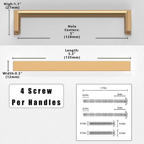 Dimensions and components of Champagne Bronze Cabinet Pulls 5 Inch 128mm Solid Zinc Alloy Handles for Kitchen Cabinets, 10 Pack