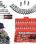 46 Piece One Quarter Inch Drive Socket Wrench Set With Pro Grade 72 Tooth Ratchet Chrome Vanadium Steel Tools in red case
