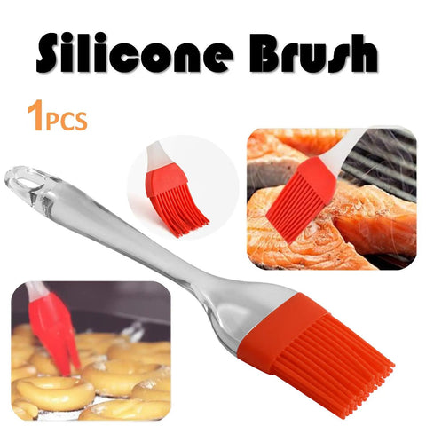 Red silicone brush basting meat and pastries, demonstrating versatility and effectiveness in cooking applications.