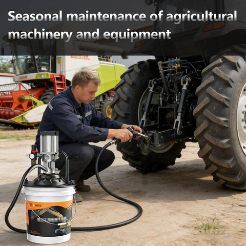 Person using Heavy Duty Pneumatic Grease Pump For Industrial Lubrication on agricultural machinery