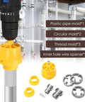 Heavy Duty Pvc Threader Kit With Electric Drill Adapter Including One Half, Three Quarter And One Inch Dies For Pipe Plumbing Works Crisp Cut No Burrs Easy Install Reusable Alloy Steel Tapping Tool with plastic and circular molds displayed.