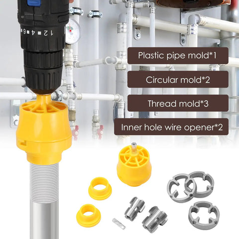 Heavy Duty Pvc Threader Kit With Electric Drill Adapter Including One Half, Three Quarter And One Inch Dies For Pipe Plumbing Works Crisp Cut No Burrs Easy Install Reusable Alloy Steel Tapping Tool with plastic and circular molds displayed.
