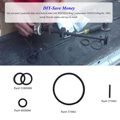 All In One O Ring Kit For Two Full Valve Rebuilds Fits Push Pull Slide Valves For Pool Equipment Compatible With Pentair PacFab Sta Rite Includes Cap Washer O Rings Piston Shaft O Rings Handle To Cap O Rings And Stainless Steel Handle Pins displayed with parts labeled by part numbers.