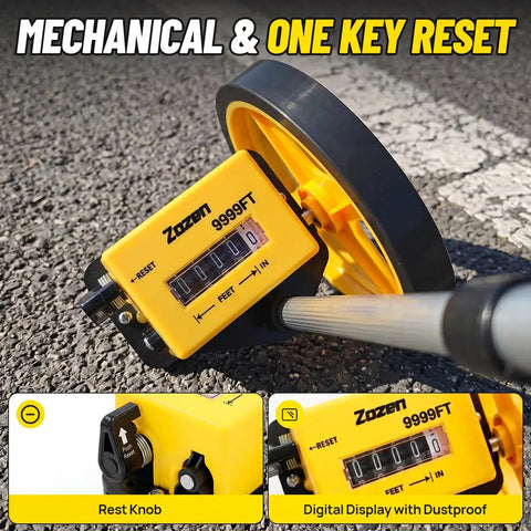 Zozen 6-Inch Measuring Wheel in Feet and Inches, Extended Telescopic Handle with digital display on asphalt.
