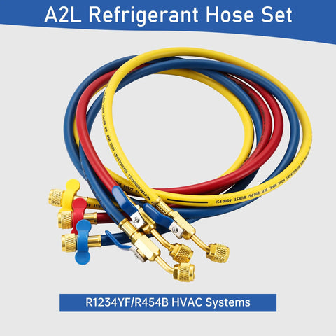 Lichamp A2L refrigerant hose set with ball valve, 60 in, red/blue/yellow hoses with brass fittings, 3-pack for R1234YF/R454B