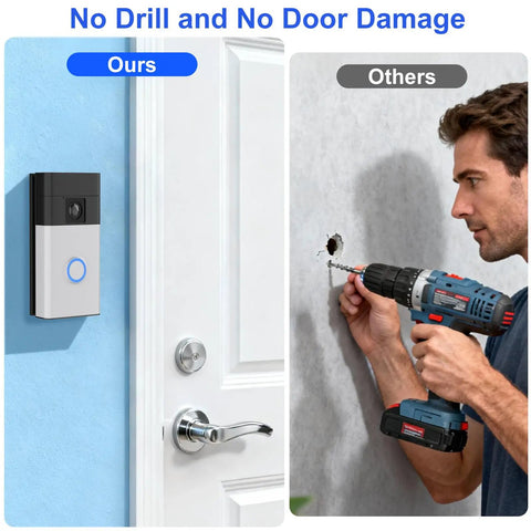No Drill Doorbell Mount With Heavy Duty Adhesive Tape For Battery Powered Smart Video Doorbells shown installed on a wall.