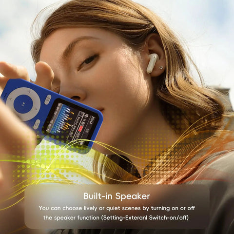 Woman using 64GB Bluetooth MP3 Player With HiFi Lossless Sound, Built-In Speaker, Voice Recorder, And Shuffle outdoors