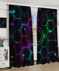 Lit Neon Curtains With 3D Neon Lights Pattern And Honeycomb Design for kids and teens rooms, window drapes installed in living room.
