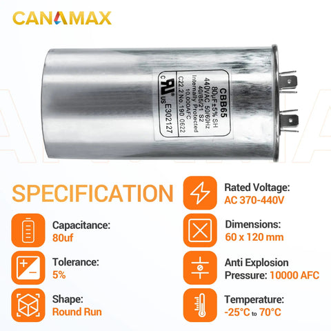 80 Uf Run Start Capacitor 370-440 VAC 50/60 Hz CBB65 for single phase motors air conditioners condensers 80 MFD with 5 percent tolerance