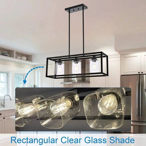 3 Light Linear Kitchen Island Chandelier Dope Matte Black With Rectangular Clear Glass Shades in kitchen setting