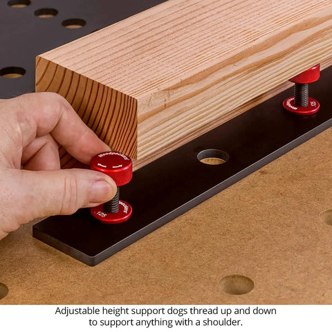 32 Piece Workholding Kit With Dog And Wedge Clamp Holdfast System For MFT Tables Heavy Duty Aluminum Bench Dogs In Use