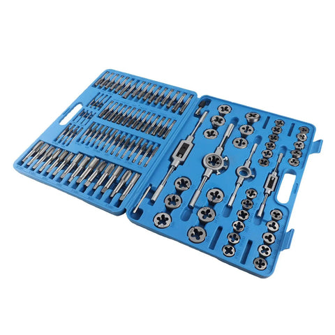 Ultimate 110 Piece Carbon Steel Metric Thread Tap And Die Set With Adjustable Wrenches For Hand Tapping Bolt Threading Male Female Nut Cutting Tools Perfect For Mechanics, blue case open