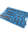 HUIOP Premium 110 Pc Metric Tap And Die Set Wrenches For Steel Hand Threading Kit With Taps Dies Torque Tools Repair Nuts Bolts Gear Fixing, blue case open