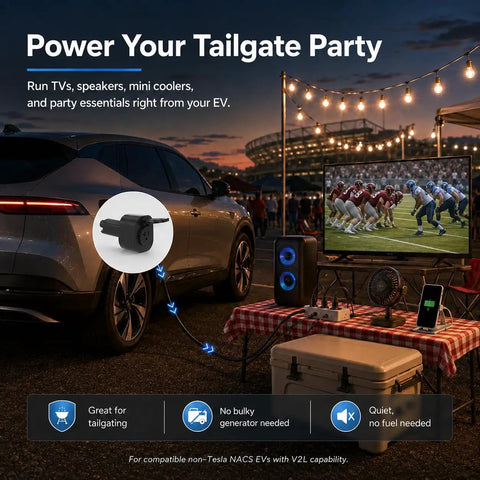 Essential Badass NACS V2L Adapter turns electric rides into mobile power hubs for tailgate parties, powering TVs and coolers.