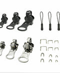 Zipper Repair Kit Six Piece Set with three slider sizes 3 5 and 8 and double-sided sliders for quick no sew fix on jackets luggage and backpacks