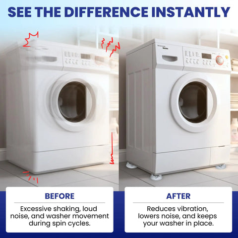 Before and after showing washer on 4 Pack Silicone Washer Anti Vibration Pads Stabilizer Feet For Round Washer And Dryer Feet Up To 1.65 Inches